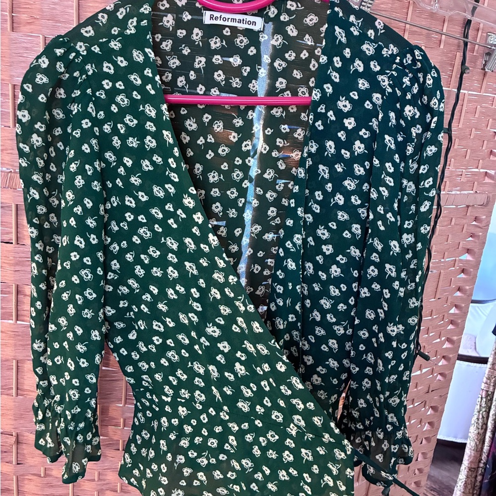 Reformation Dark Green Floral Wrap Blouse